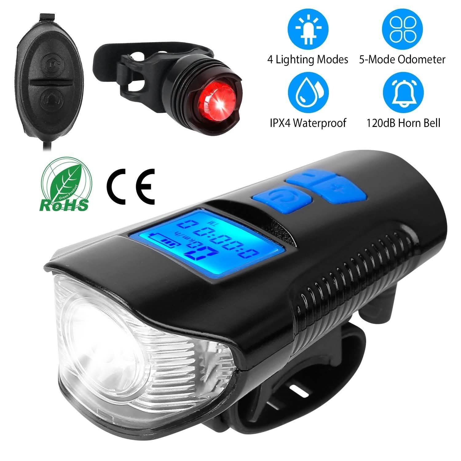 Ensemble de lumières de vélo rechargeables par USB avec compteur de vitesse et odomètre