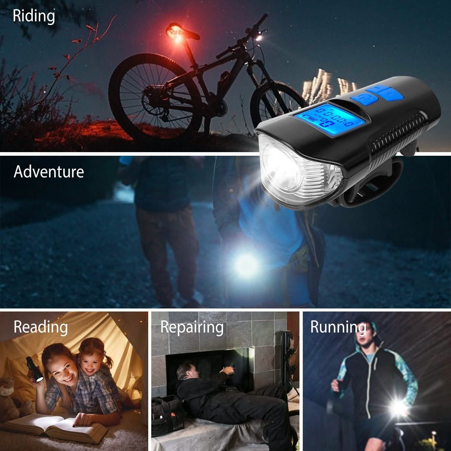 Ensemble de lumières de vélo rechargeables par USB avec compteur de vitesse et odomètre