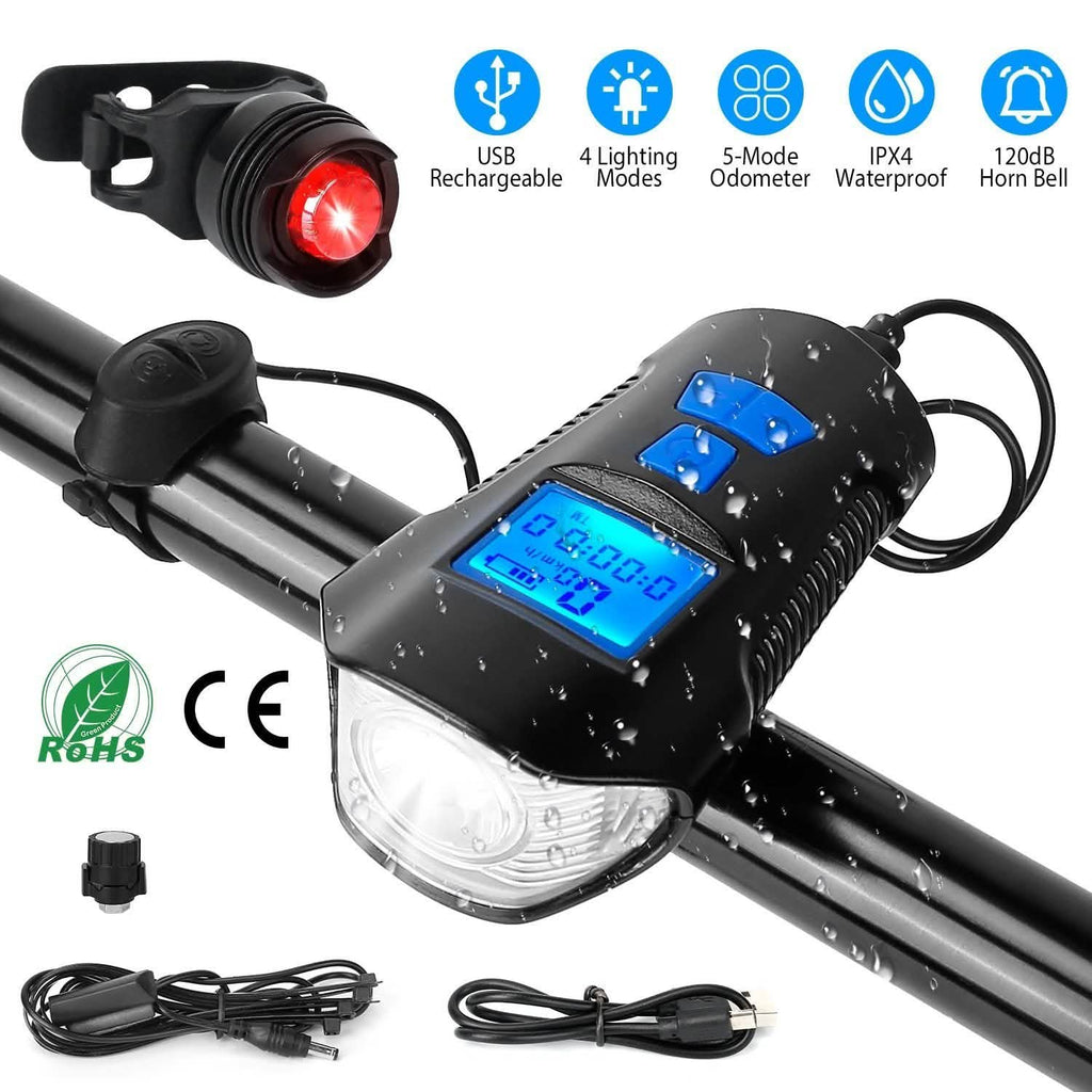 Ensemble de lumières de vélo rechargeables par USB avec compteur de vitesse et odomètre