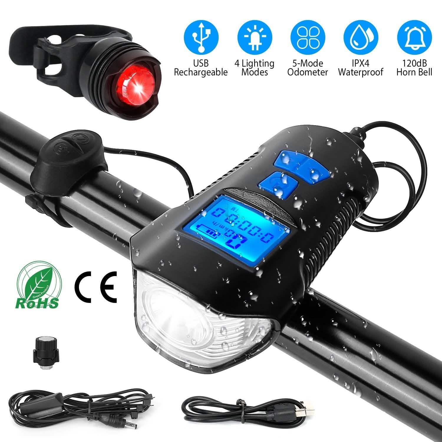 Ensemble de lumières de vélo rechargeables par USB avec compteur de vitesse et odomètre
