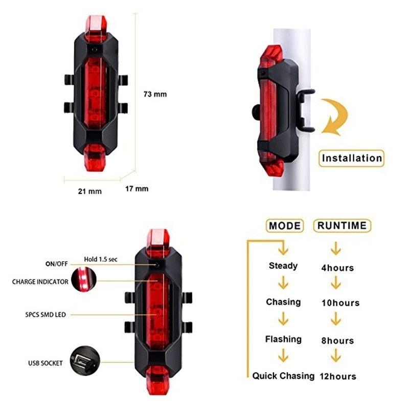 Lampe de VTT rechargeable USB, étanche, feu arrière d'avertissement pour vélo, phare LED de vélo, feu arrière, lumière LED ultra lumineuse pour vélo, feu arrière de cyclisme étanche pour trottinette électrique