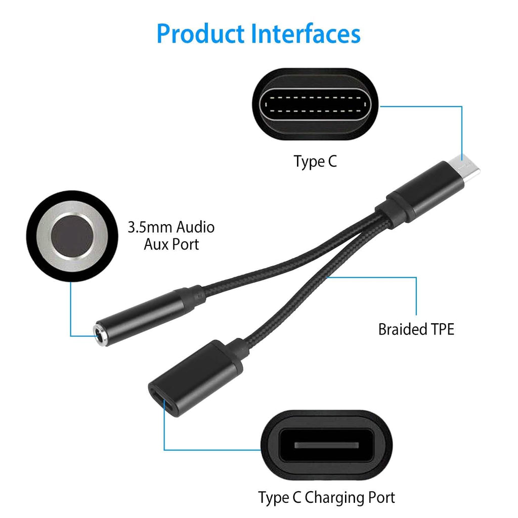Adaptateur de charge audio auxiliaire USB-C vers jack 3,5 mm répartiteur de câble de casque tressé