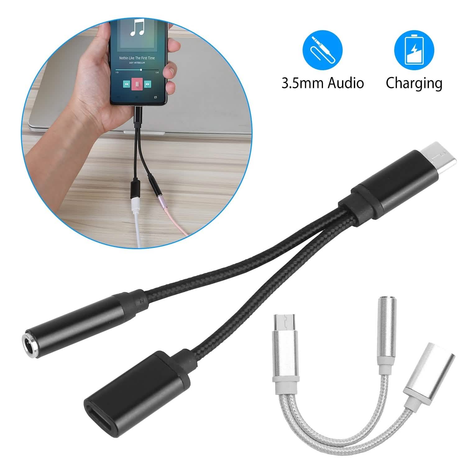 Adaptateur de charge audio auxiliaire USB-C vers jack 3,5 mm répartiteur de câble de casque tressé