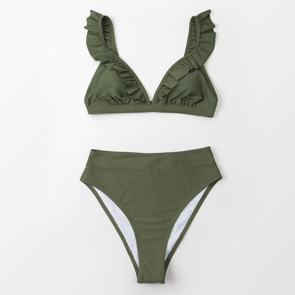 Maillots de bain femme bikini taille haute à volants col en V, ensemble deux pièces, maillots de bain triangulaires à volants mignons, maillots de bain femme marron uni, nouveaux maillots de bain de plage