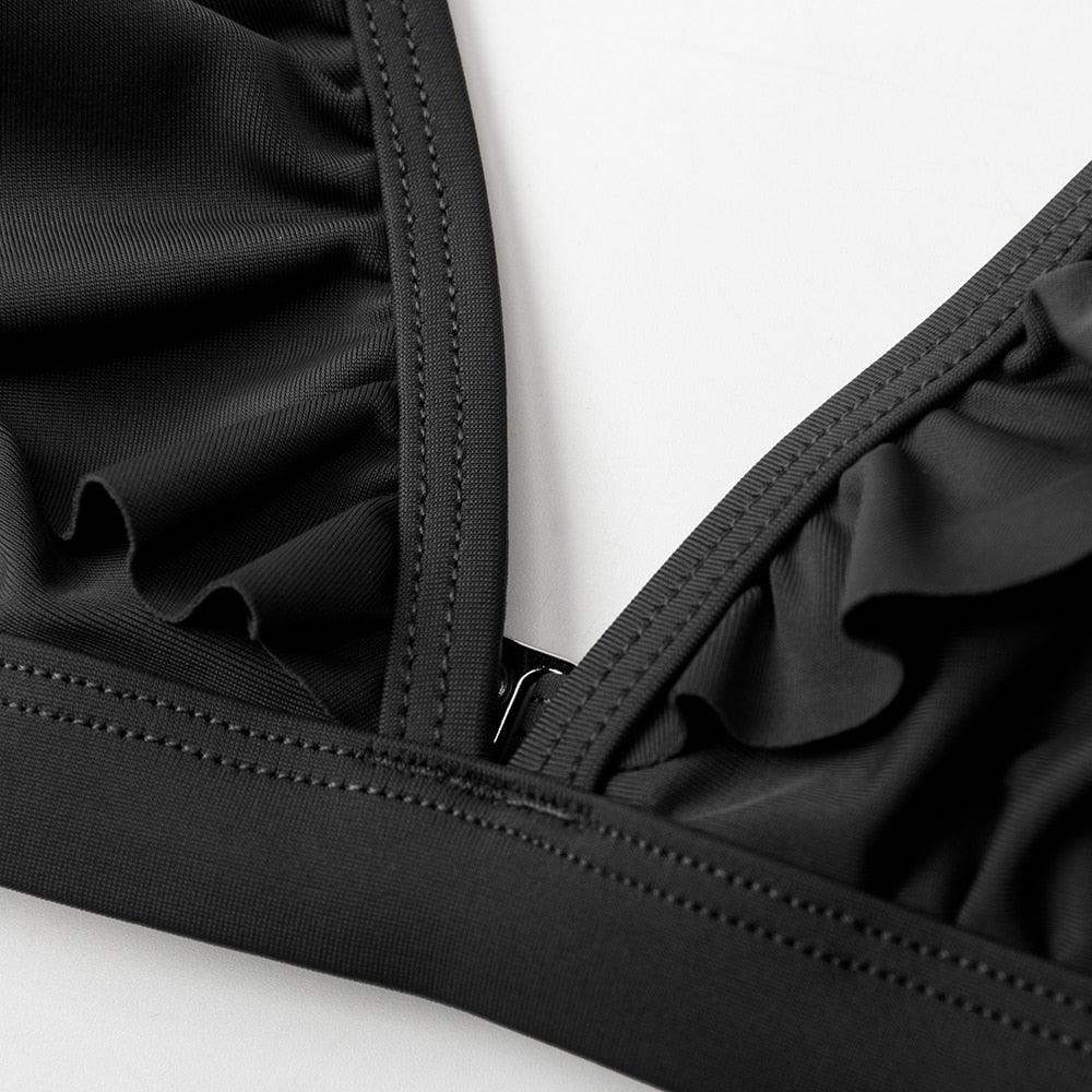 Maillots de bain femme bikini taille haute à volants col en V, ensemble deux pièces, maillots de bain triangulaires à volants mignons, maillots de bain femme marron uni, nouveaux maillots de bain de plage