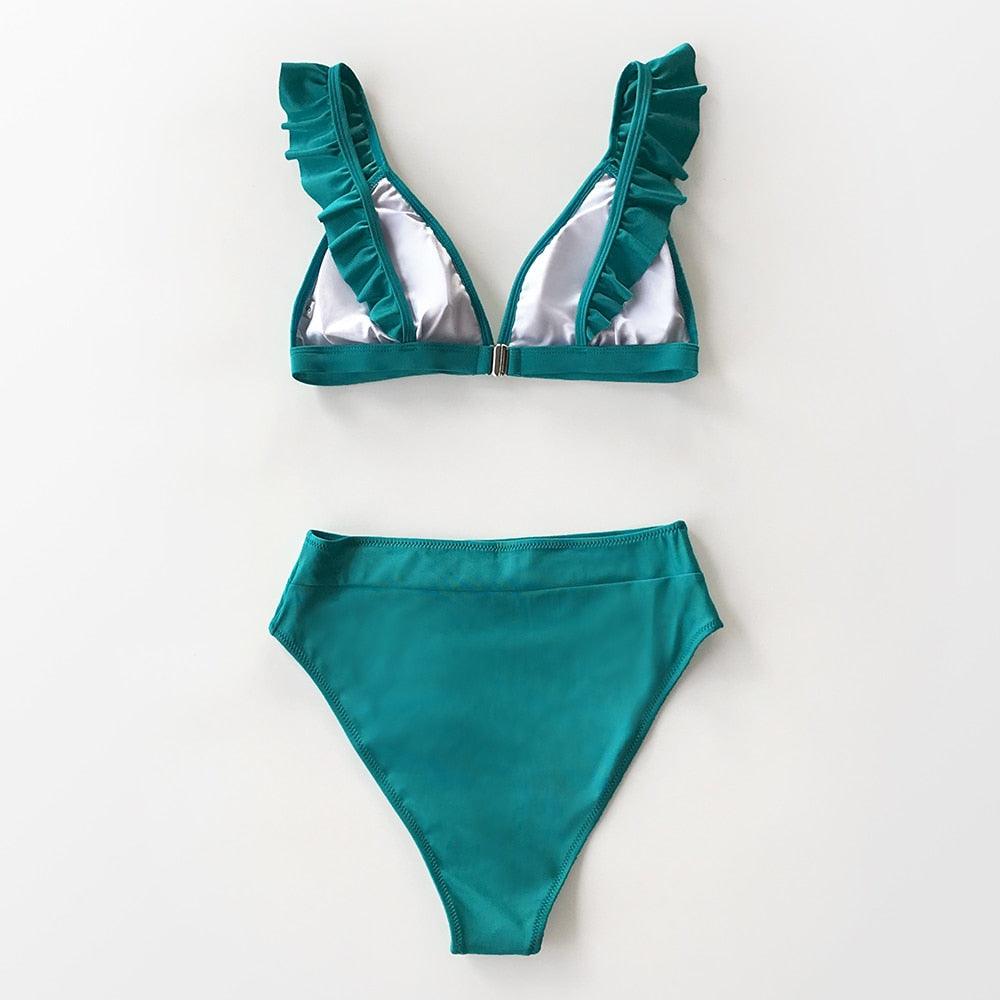 Maillots de bain femme bikini taille haute à volants col en V, ensemble deux pièces, maillots de bain triangulaires à volants mignons, maillots de bain femme marron uni, nouveaux maillots de bain de plage