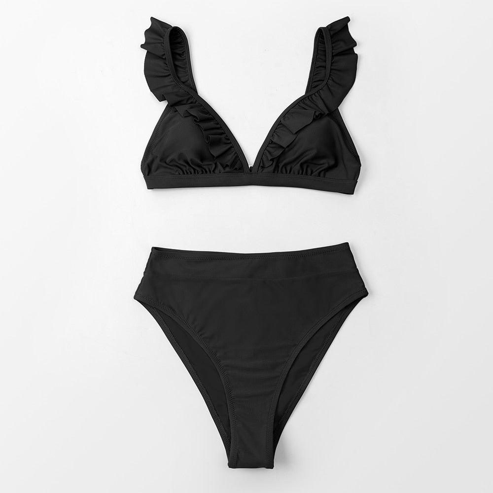 Maillots de bain femme bikini taille haute à volants col en V, ensemble deux pièces, maillots de bain triangulaires à volants mignons, maillots de bain femme marron uni, nouveaux maillots de bain de plage