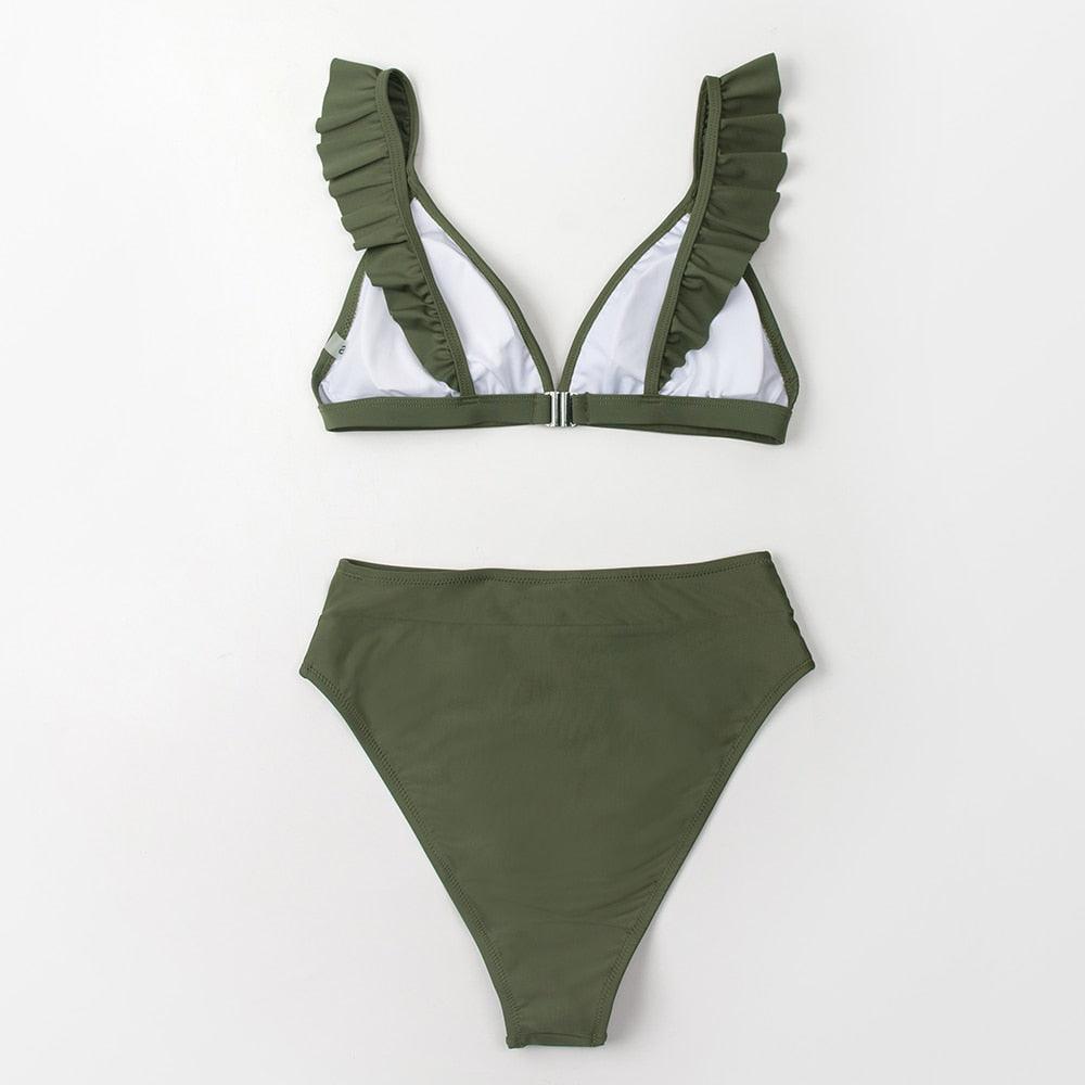 Maillots de bain femme bikini taille haute à volants col en V, ensemble deux pièces, maillots de bain triangulaires à volants mignons, maillots de bain femme marron uni, nouveaux maillots de bain de plage