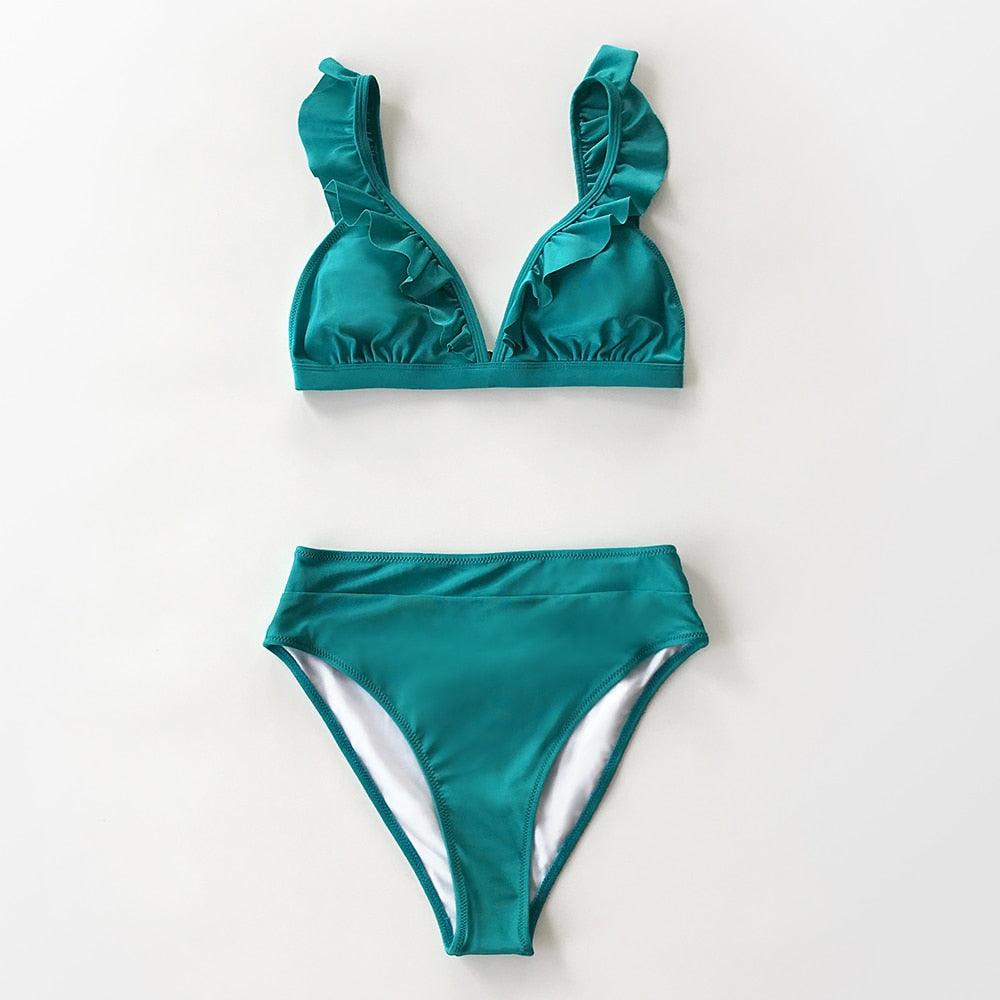 Maillots de bain femme bikini taille haute à volants col en V, ensemble deux pièces, maillots de bain triangulaires à volants mignons, maillots de bain femme marron uni, nouveaux maillots de bain de plage