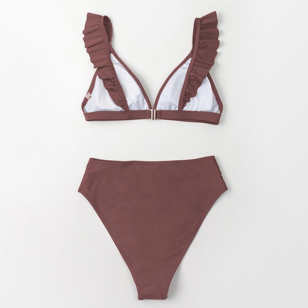 Maillots de bain femme bikini taille haute à volants col en V, ensemble deux pièces, maillots de bain triangulaires à volants mignons, maillots de bain femme marron uni, nouveaux maillots de bain de plage