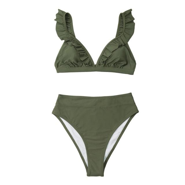 Maillots de bain femme bikini taille haute à volants col en V, ensemble deux pièces, maillots de bain triangulaires à volants mignons, maillots de bain femme marron uni, nouveaux maillots de bain de plage
