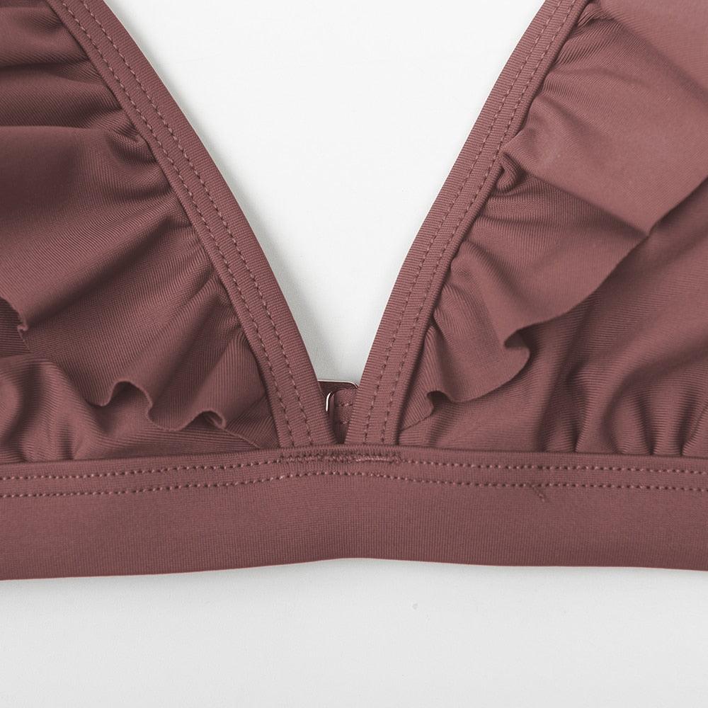 Maillots de bain femme bikini taille haute à volants col en V, ensemble deux pièces, maillots de bain triangulaires à volants mignons, maillots de bain femme marron uni, nouveaux maillots de bain de plage