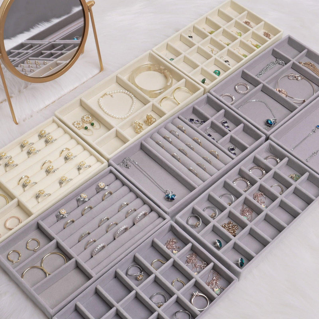 Plateau de présentation pour boîte à bijoux en velours, tiroir de rangement, porte-bijoux pour bagues, boucles d'oreilles, colliers, bracelets, étui de rangement en velours doux, présentoir en velours pour boucles d'oreilles, bagues, bracelets, colliers