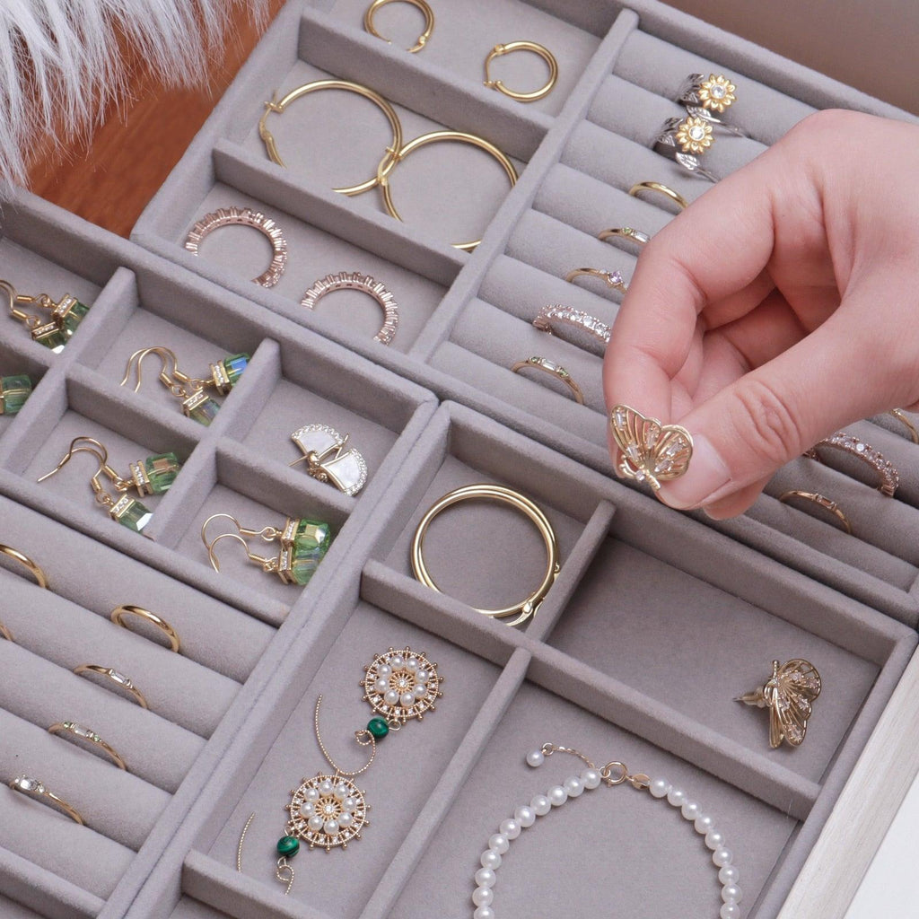 Plateau de présentation pour boîte à bijoux en velours, tiroir de rangement, porte-bijoux pour bagues, boucles d'oreilles, colliers, bracelets, étui de rangement en velours doux, présentoir en velours pour boucles d'oreilles, bagues, bracelets, colliers