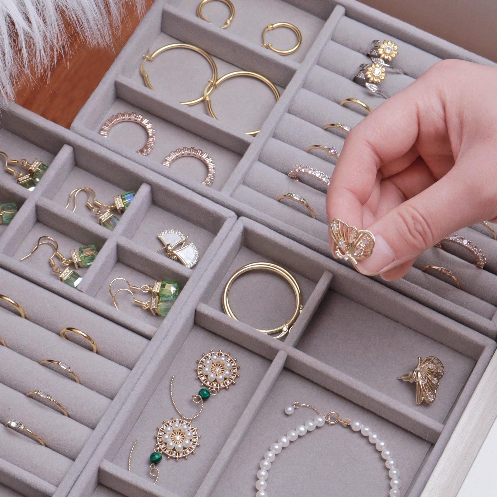 Plateau de présentation pour boîte à bijoux en velours, tiroir de rangement, porte-bijoux pour bagues, boucles d'oreilles, colliers, bracelets, étui de rangement en velours doux, présentoir en velours pour boucles d'oreilles, bagues, bracelets, colliers