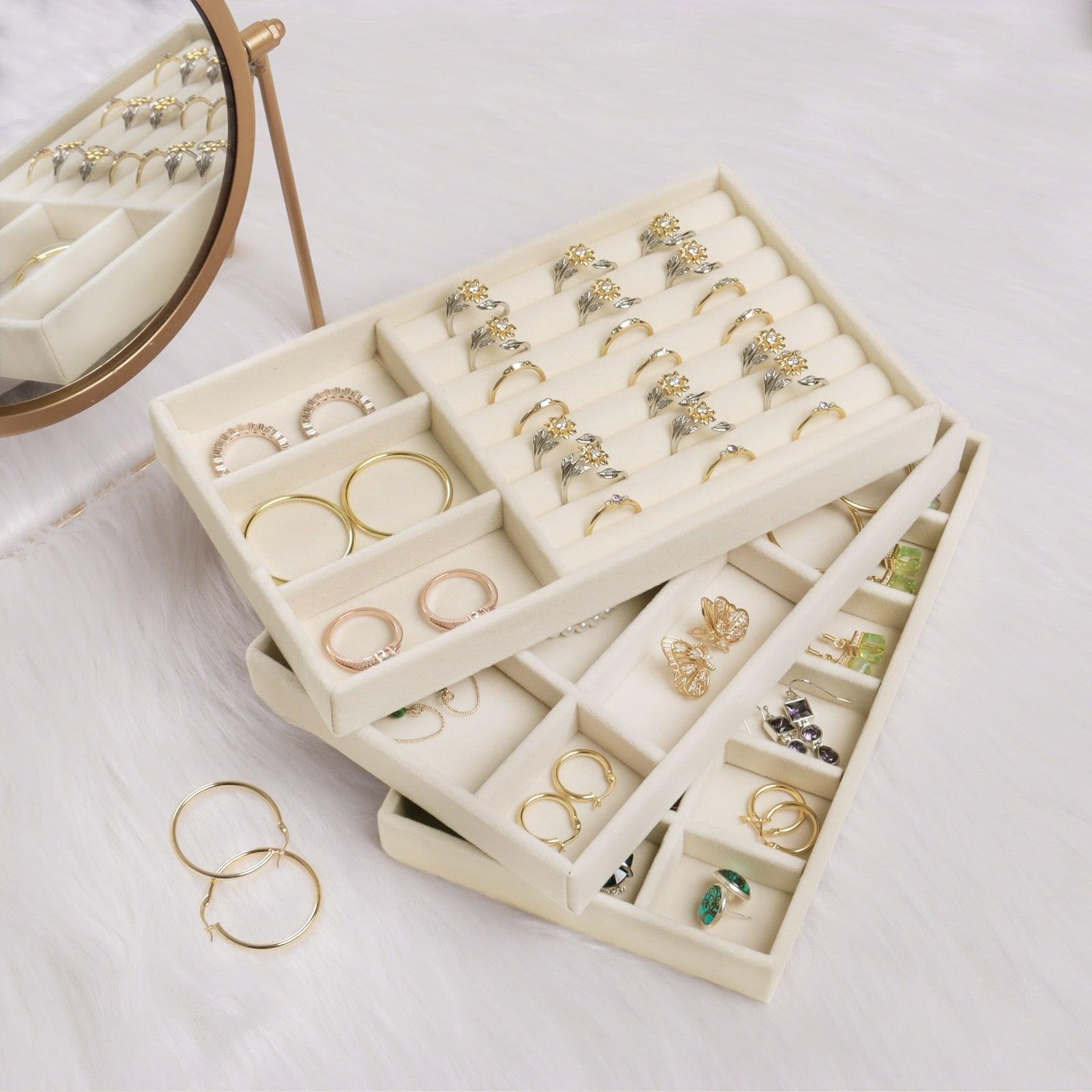 Plateau de présentation pour boîte à bijoux en velours, tiroir de rangement, porte-bijoux pour bagues, boucles d'oreilles, colliers, bracelets, étui de rangement en velours doux, présentoir en velours pour boucles d'oreilles, bagues, bracelets, colliers
