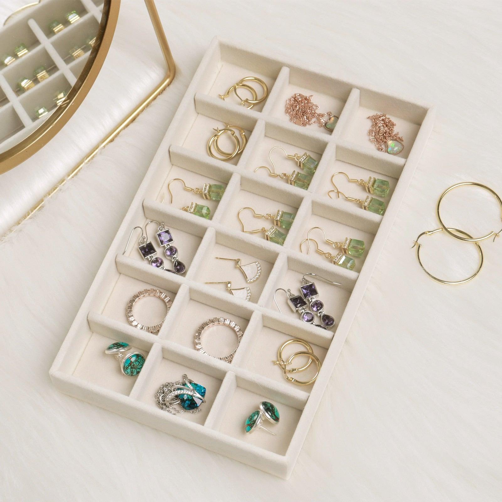 Plateau de présentation pour boîte à bijoux en velours, tiroir de rangement, porte-bijoux pour bagues, boucles d'oreilles, colliers, bracelets, étui de rangement en velours doux, présentoir en velours pour boucles d'oreilles, bagues, bracelets, colliers