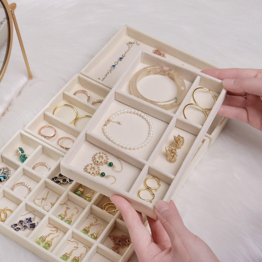 Plateau de présentation pour boîte à bijoux en velours, tiroir de rangement, porte-bijoux pour bagues, boucles d'oreilles, colliers, bracelets, étui de rangement en velours doux, présentoir en velours pour boucles d'oreilles, bagues, bracelets, colliers