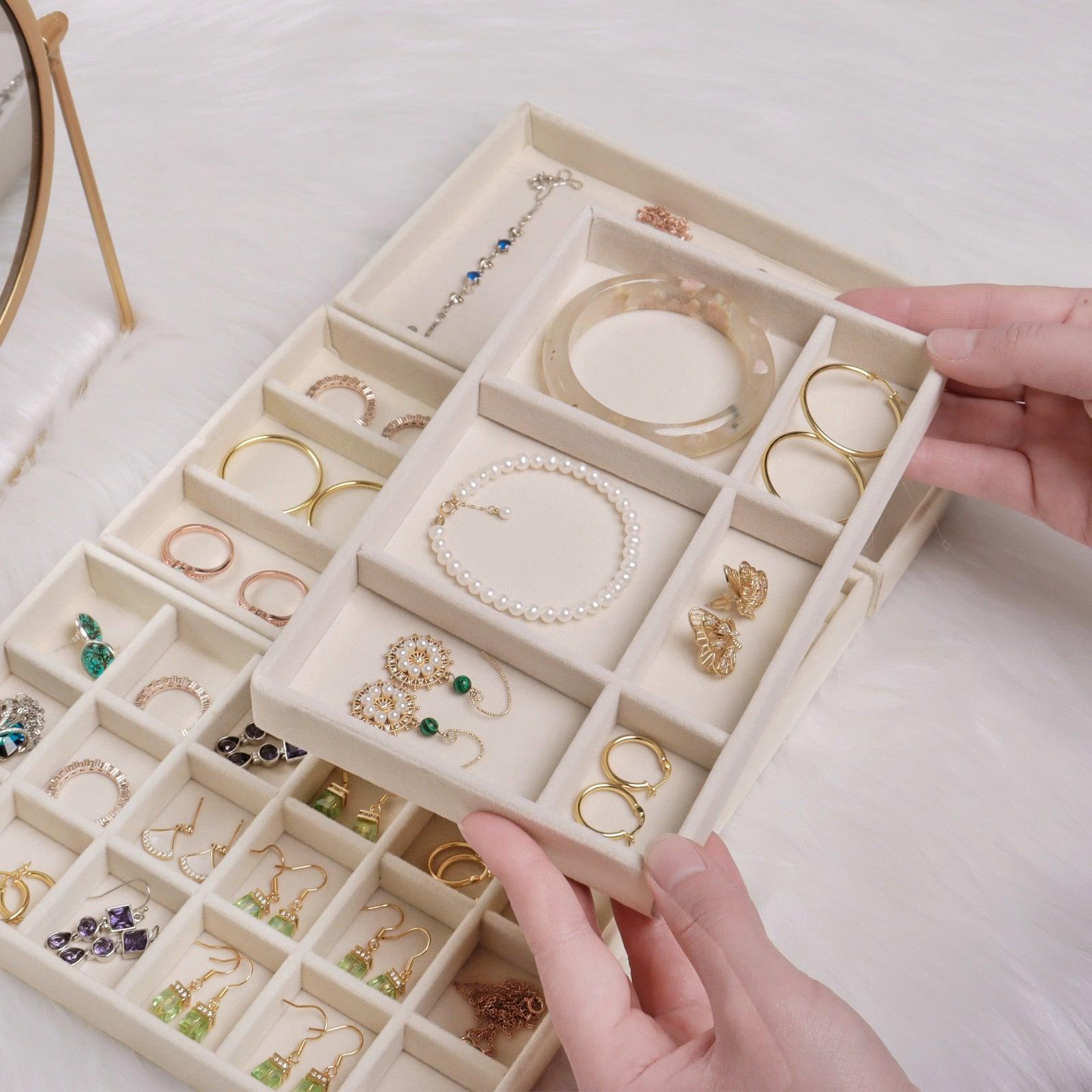 Plateau de présentation pour boîte à bijoux en velours, tiroir de rangement, porte-bijoux pour bagues, boucles d'oreilles, colliers, bracelets, étui de rangement en velours doux, présentoir en velours pour boucles d'oreilles, bagues, bracelets, colliers