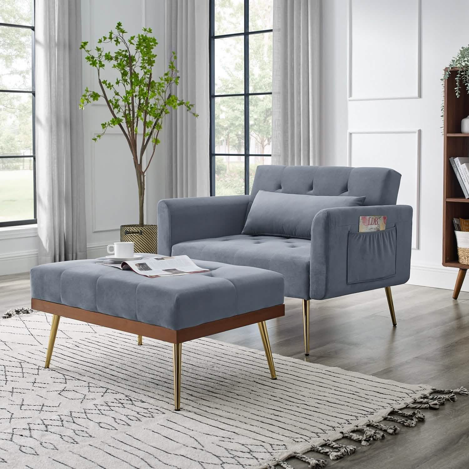 Fauteuil inclinable en velours avec dossier réglable et 2 poches latérales