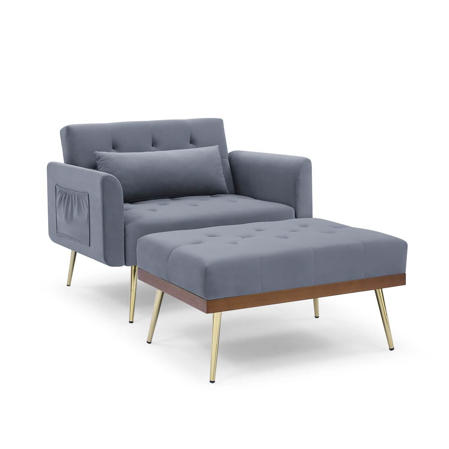 Fauteuil inclinable en velours avec dossier réglable et 2 poches latérales