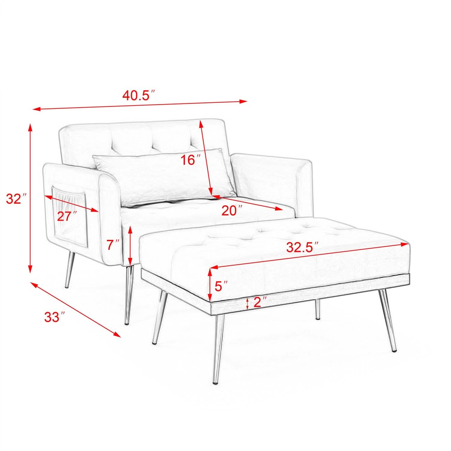 Fauteuil inclinable en velours avec dossier réglable et 2 poches latérales