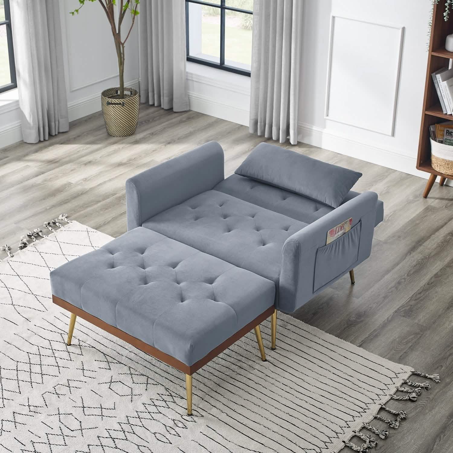Fauteuil inclinable en velours avec dossier réglable et 2 poches latérales