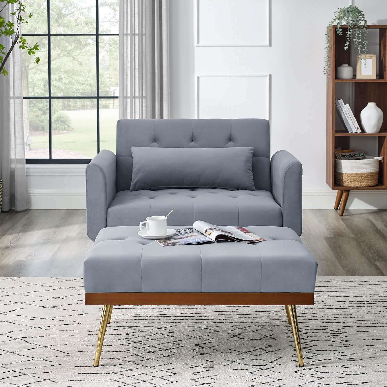 Fauteuil inclinable en velours avec dossier réglable et 2 poches latérales