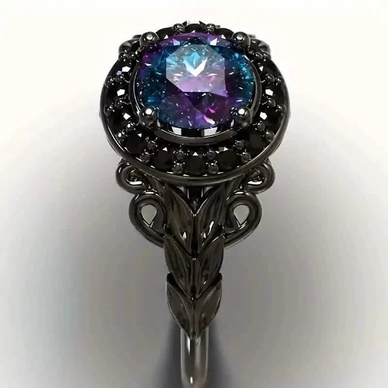 Bague vintage style gothique avec pierre synthétique arc-en-ciel et zircone noire imitation