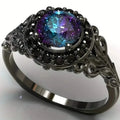 Bague vintage style gothique avec pierre synthétique arc-en-ciel et zircone noire imitation