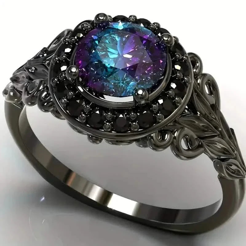 Bague vintage style gothique avec pierre synthétique arc-en-ciel et zircone noire imitation