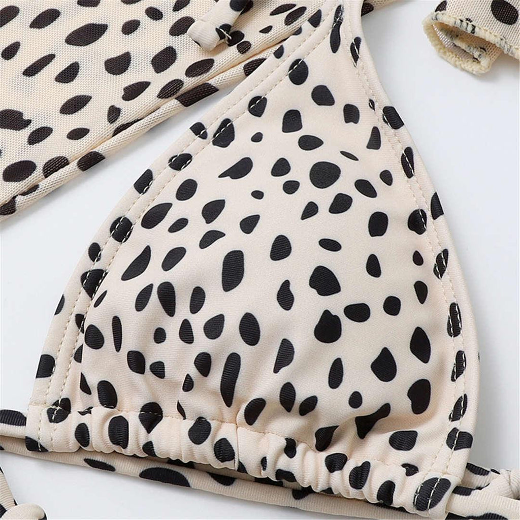 Maillot de bain bikini imprimé léopard vintage avec bretelles pour femme, maillot de bain léopard imprimé léopard trois pièces, maillot de bain à manches longues, maillot de bain mignon.