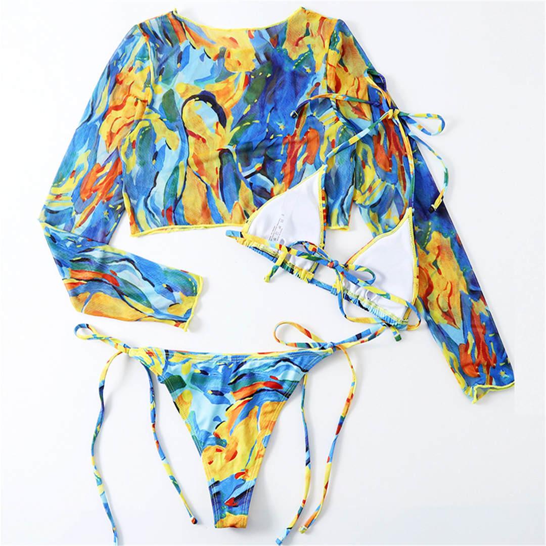 Maillot de bain bikini imprimé léopard vintage avec bretelles pour femme, maillot de bain léopard imprimé léopard trois pièces, maillot de bain à manches longues, maillot de bain mignon.