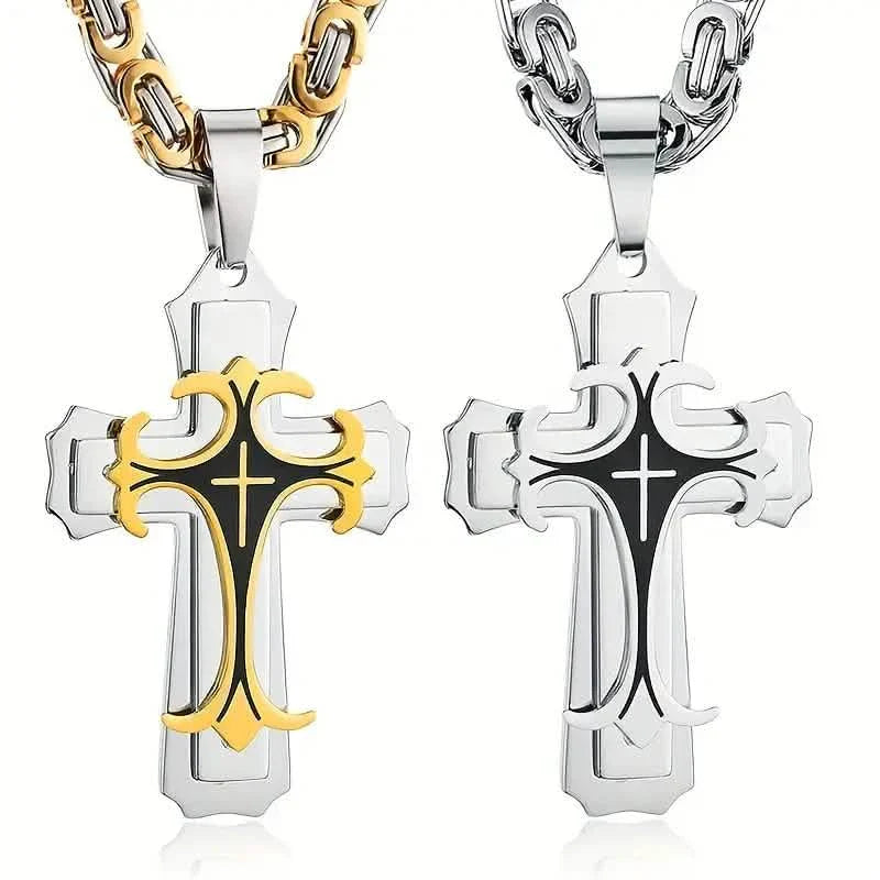 Collier à pendentif croix plat fait main d'inspiration vintage pour homme