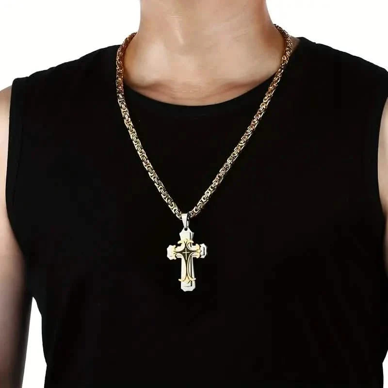 Collier à pendentif croix plat fait main d'inspiration vintage pour homme