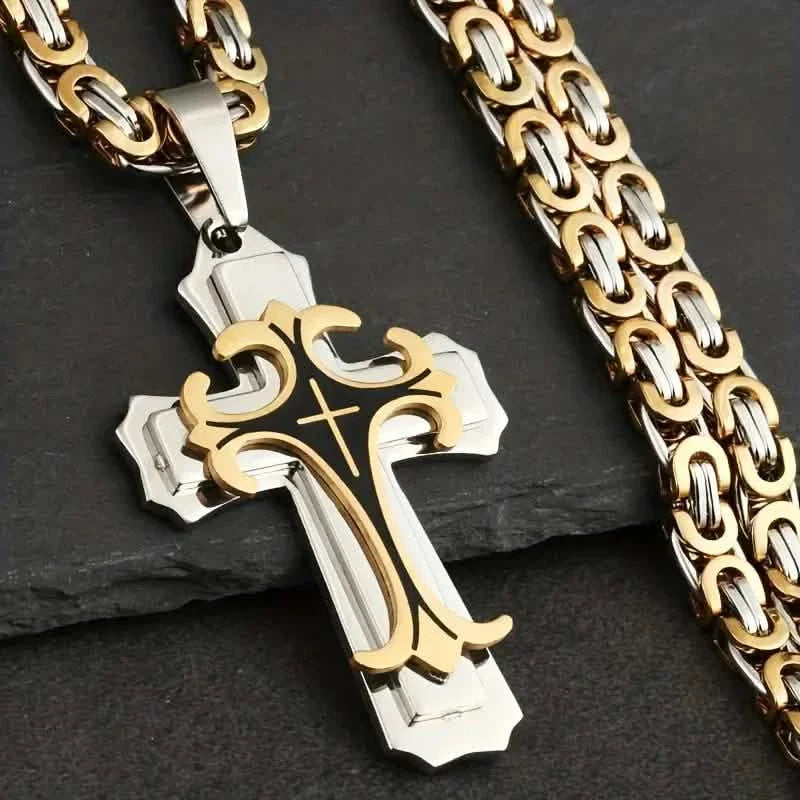 Collier à pendentif croix plat fait main d'inspiration vintage pour homme