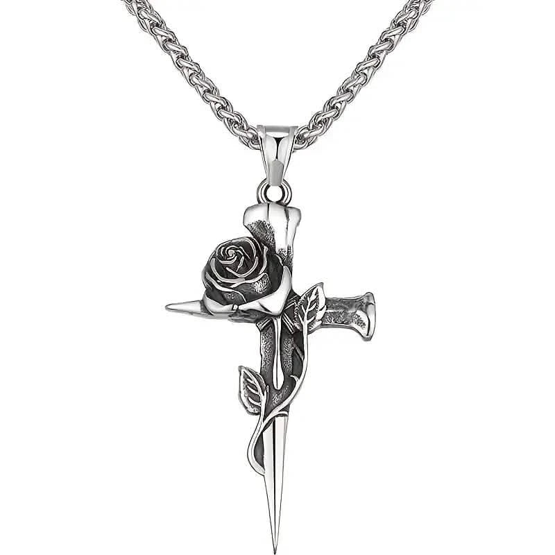 Collier pendentif homme en acier titane d'inspiration vintage - Design unique de chaîne en quille avec accents de croix et de rose