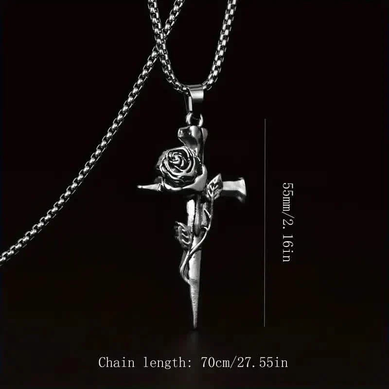 Collier pendentif homme en acier titane d'inspiration vintage - Design unique de chaîne en quille avec accents de croix et de rose
