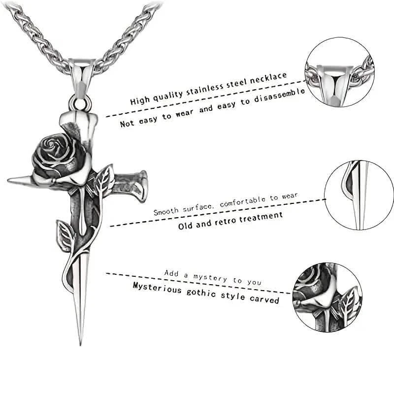 Collier pendentif homme en acier titane d'inspiration vintage - Design unique de chaîne en quille avec accents de croix et de rose