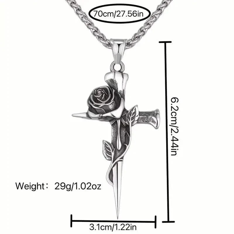 Collier pendentif homme en acier titane d'inspiration vintage - Design unique de chaîne en quille avec accents de croix et de rose