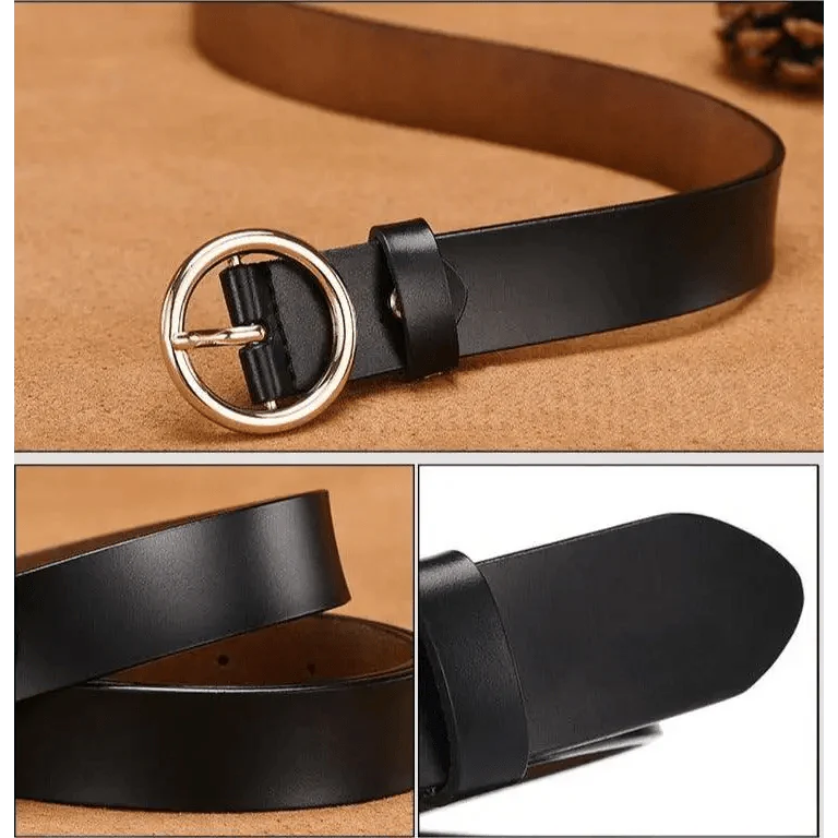 Ceinture en cuir à boucle ronde simple vintage pour femme - Lanières 105 cm - Design unique - Robes, jeans, taille classique