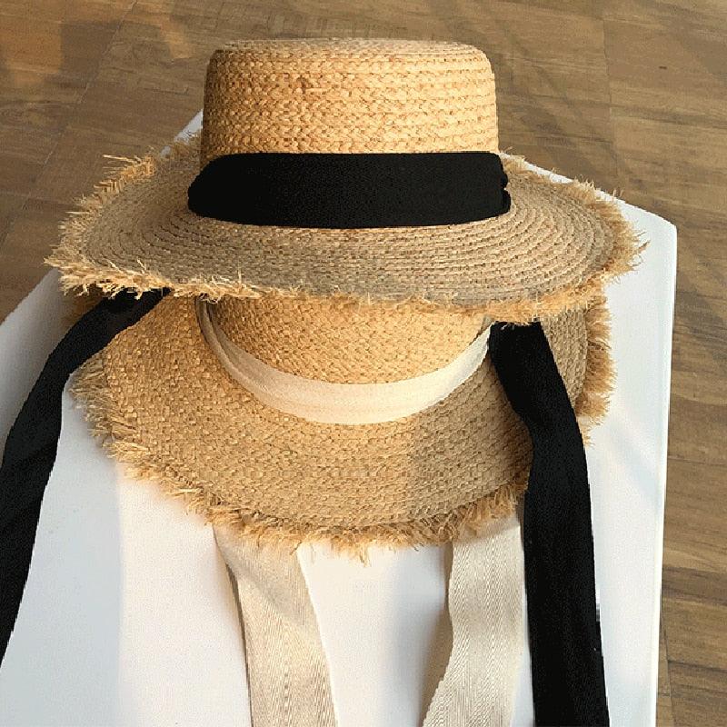 Chapeau de paille vintage pour femme, large, protection solaire, chapeau de plage avec nœud en ruban noir et blanc, design mignon, casquette de paille élégante pour femme, chapeau d'été, fedora de plage, chapeau plat décontracté pour femme