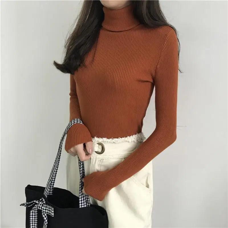 Pull épais femme automne hiver style vintage en maille côtelée col roulé manches longues coupe ajustée doux et chaud