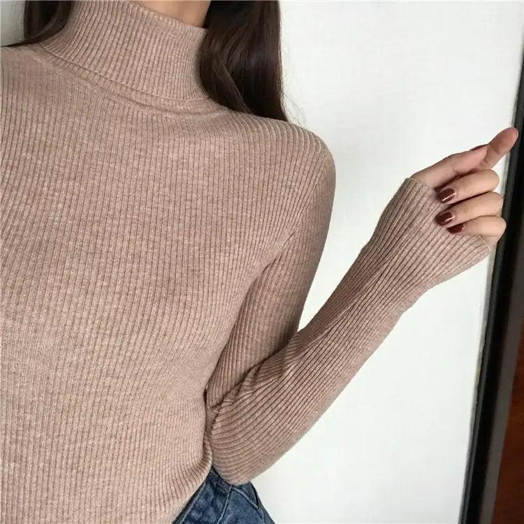 Pull épais femme automne hiver style vintage en maille côtelée col roulé manches longues coupe ajustée doux et chaud