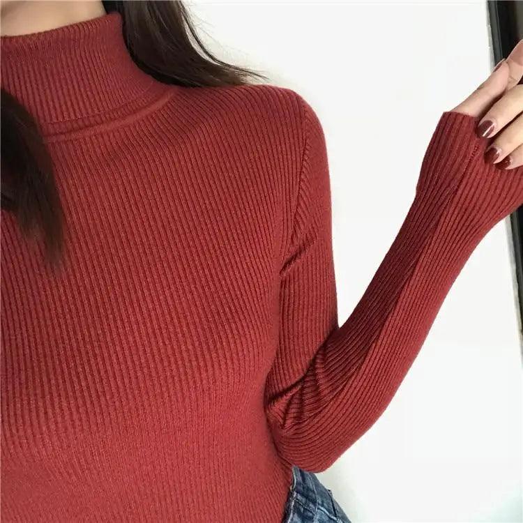 Pull épais femme automne hiver style vintage en maille côtelée col roulé manches longues coupe ajustée doux et chaud