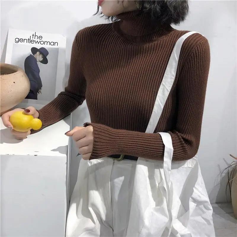 Pull épais femme automne hiver style vintage en maille côtelée col roulé manches longues coupe ajustée doux et chaud