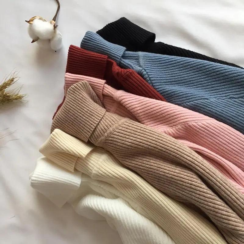 Pull épais femme automne hiver style vintage en maille côtelée col roulé manches longues coupe ajustée doux et chaud