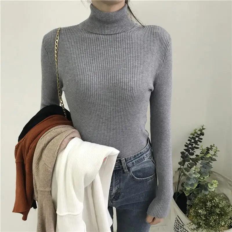 Pull épais femme automne hiver style vintage en maille côtelée col roulé manches longues coupe ajustée doux et chaud