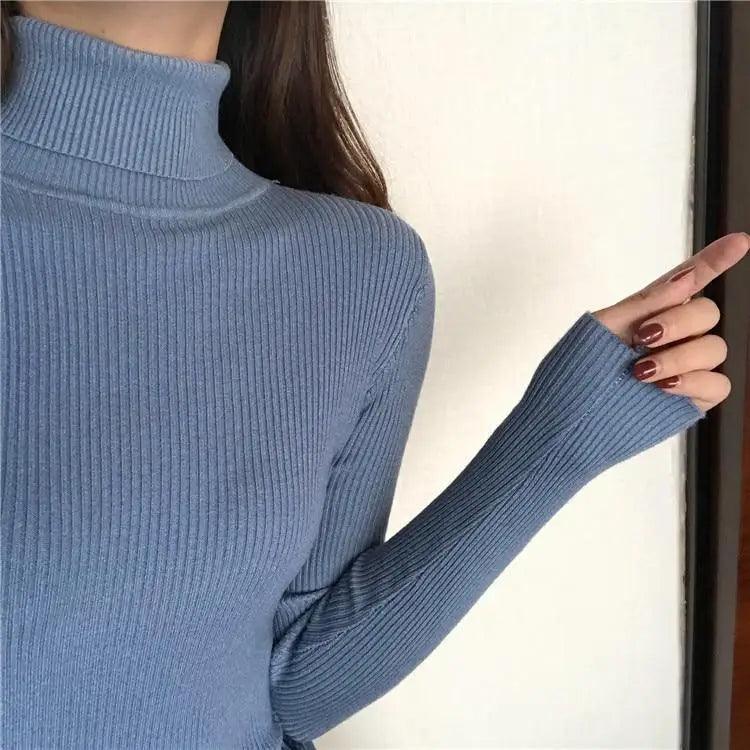 Pull épais femme automne hiver style vintage en maille côtelée col roulé manches longues coupe ajustée doux et chaud