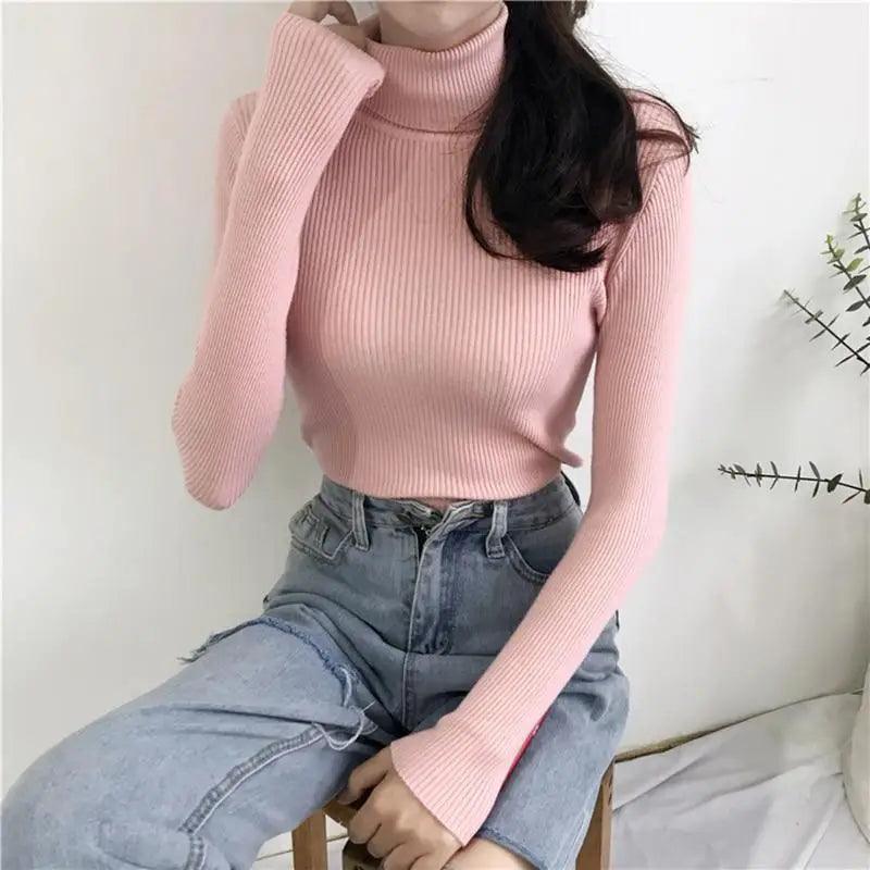 Pull épais femme automne hiver style vintage en maille côtelée col roulé manches longues coupe ajustée doux et chaud
